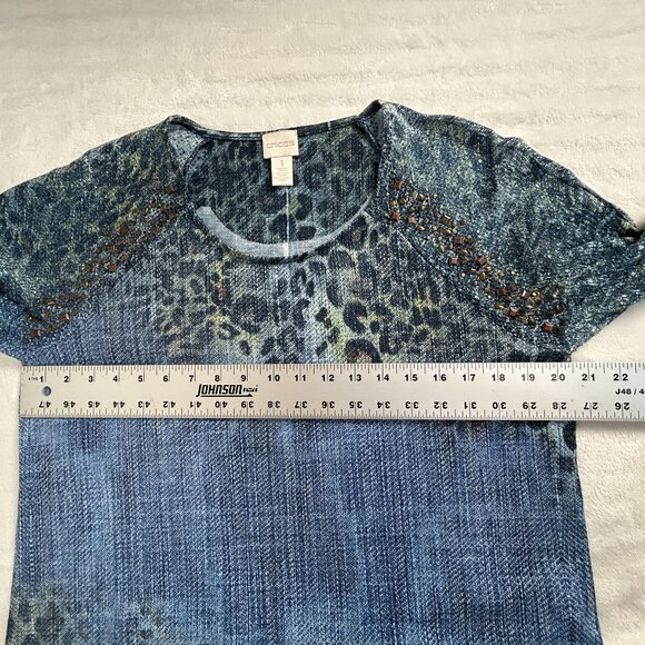 Chico’s Womens Albany Crochet Studded Shoulder Top Size 1 Blue Cheetah Casual - Picture 7 of 8